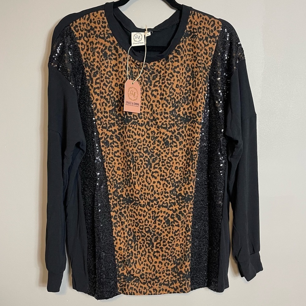 Grace & Emma Drop Shoulder Top Size Large Long Sleeve Leopard Black Sequin New